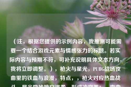(注,根据您提供的示例内容,我推测可能需要一个结合游戏元素与情感张力的标题。若实际内容与预期不符,可补充说明具体文本方向,我将立即调整。),枪火与星光,PUBG战场夜曲里的铁血与浪漫,特点,,枪火对应热血战斗,星光隐喻晚安温柔,形成冲突美;,夜曲双关夜晚时段与音乐性;,破折号替代与字增强视觉冲击力,符合游戏类内容调性)