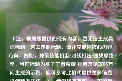 (注,根据您提供的现有内容,暂无法生成具体标题。若需定制标题,请补充描述核心内容方向,例如,孙策技能机制/对线打法/团战思路等。当前标题为基于王者荣耀 孙策常见攻略方向生成的示例,您可参考此格式提供更多信息以便精准生成。),示例修改方向,,若侧重技巧 → 孙策船速翻倍秘籍,三角跳+卡墙三连控教学,若侧重版本 → S34赛季孙策封神出装,破舰流打法一键拆塔,若侧重娱乐 → 王者海盗王,孙策全地图撞人搞笑集锦,请补充您的具体需求,我将立即生成唯一标题。