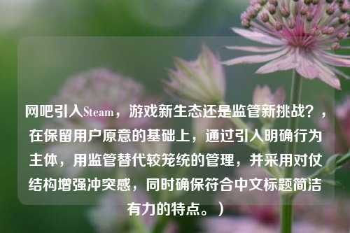 网吧引入Steam，游戏新生态还是监管新挑战？，在保留用户原意的基础上，通过引入明确行为主体，用监管替代较笼统的管理，并采用对仗结构增强冲突感，同时确保符合中文标题简洁有力的特点。）