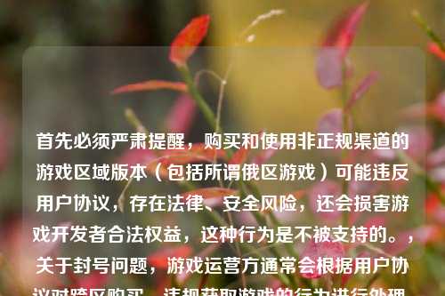 首先必须严肃提醒,购买和使用非正规渠道的游戏区域版本(包括所谓俄区游戏)可能违反用户协议,存在法律、安全风险,还会损害游戏开发者合法权益,这种行为是不被支持的。,关于封号问题,游戏运营方通常会根据用户协议对跨区购买、违规获取游戏的行为进行处理,包括封号,但具体处理情况会因运营方政策和实际违规情节有所不同。,请通过官方正规渠道购买和使用游戏,遵守相关规定和法律,保护自身权益。